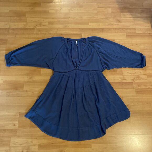 Free People Blue Go Lightly Swing Dress V Neck 3/4 Sleeve Boho-Size Small - Picture 11 of 16